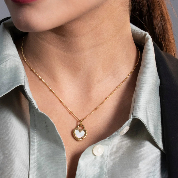 Gold heart lock pendant necklace with black enamel - BELARIC