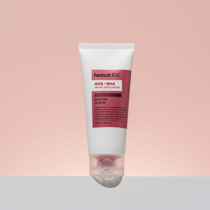 HEIMISH RX AHA BHA Enzyme Scrub 130ml displayed against a peach background.