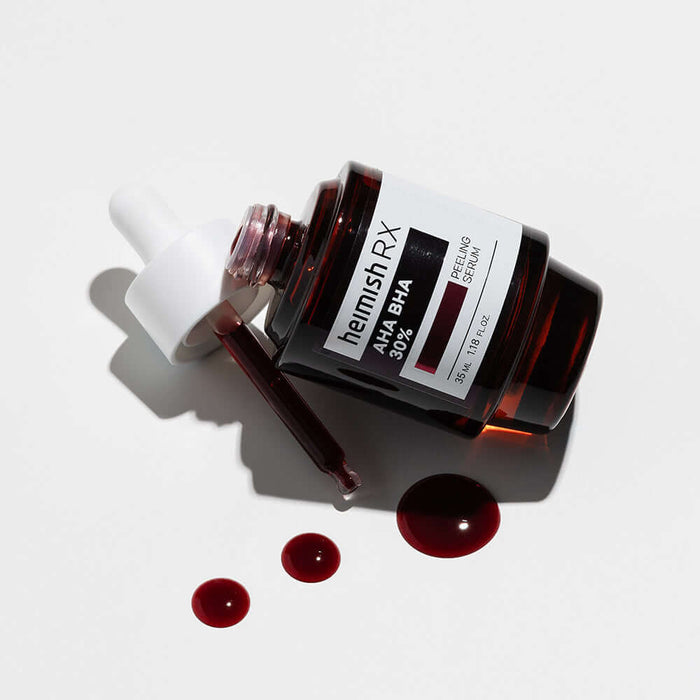 HEIMISH RX AHA BHA Peeling Serum 35ml bottle with dropper and liquid on white background
