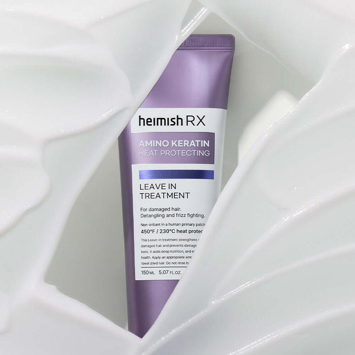 HEIMISH RX Amino Keratin Heat Protecting Leave-in Treatment 150ml tube on a white textured background.
