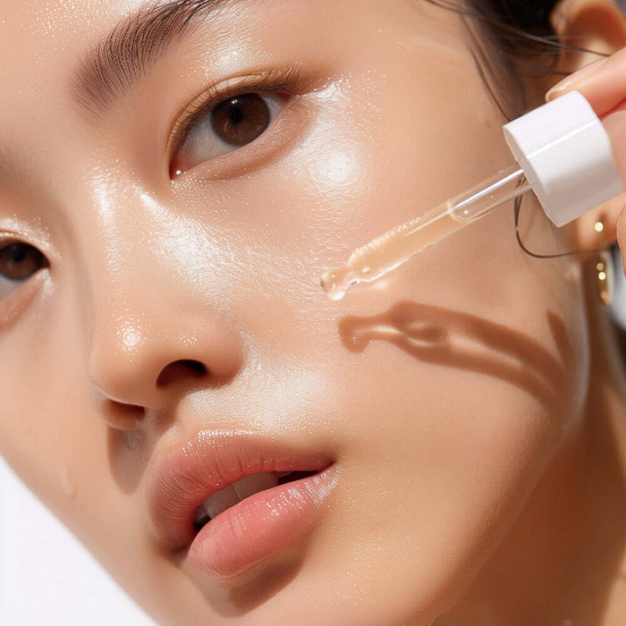 Close-up of a woman applying HEIMISH RX Retinol Bakuchiol Booster Oil 35ml with a dropper, enhancing skincare routine.