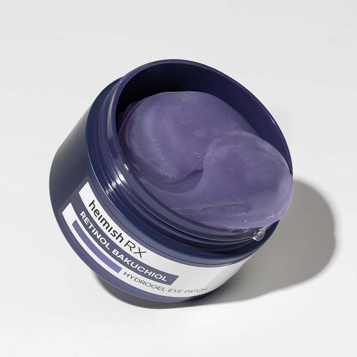 HEIMISH RX Retinol Bakuchiol Hydrogel Eye Patches 60 Sheets in open container with purple patches shown.