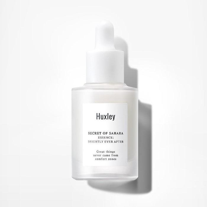 HUXLEY Essence Brightly Ever After 30ml skincare bottle with dropper for radiant skin care routine.