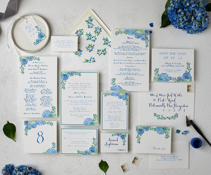 hydrangea blueberries wedding invitation