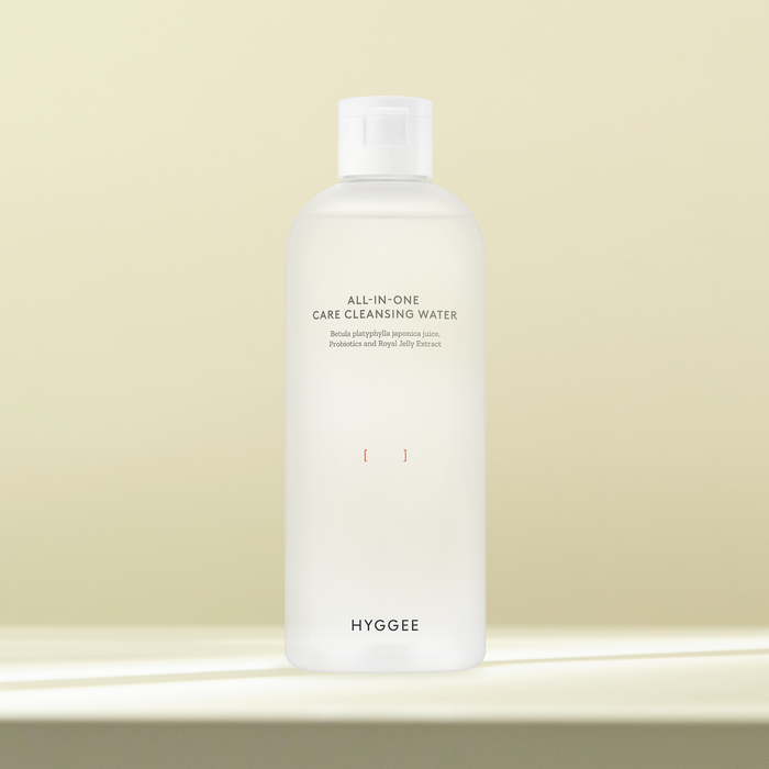 HYGGEE All-In-One Care Cleansing Water 300ml bottle on a neutral background.