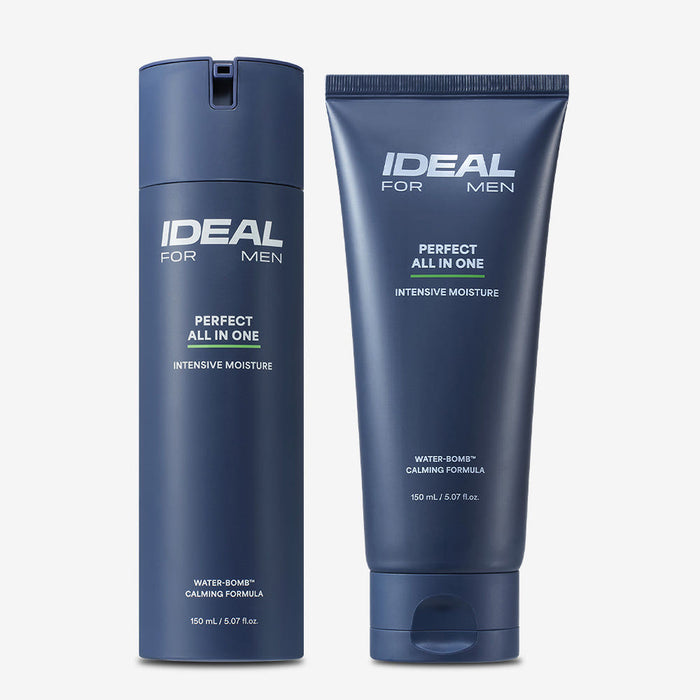 IDEAL FOR MEN Perfect Moisturizing All-in-One Plan 150ml – Gentleman Korea product image showing navy pump bottle and tube for men’s skincare