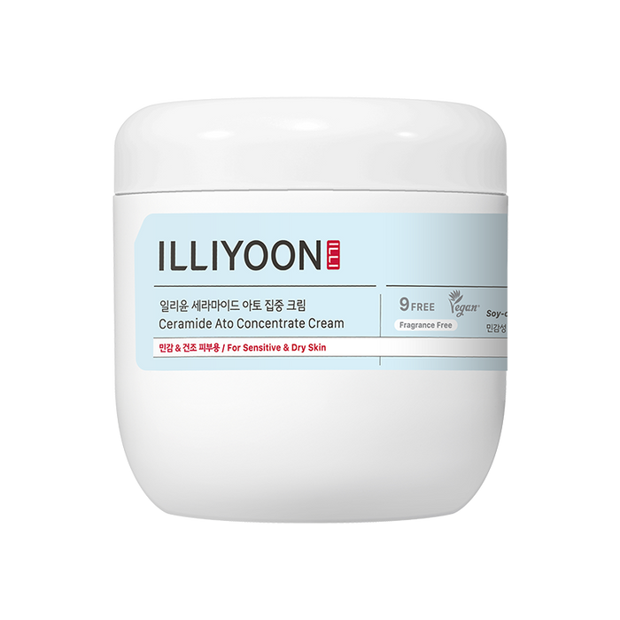 ILLIYOON Ceramide Ato Intensive Cream 500ml, a hydrating skincare product for sensitive skin, in a white container on a plain background.