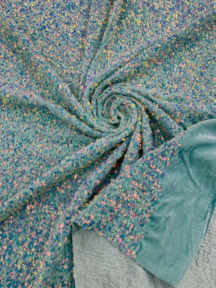 Clear Iridescent Sequin Fabric on Mint Stretch Velvet - by the yard | Sequins Velvet 2way Stretch