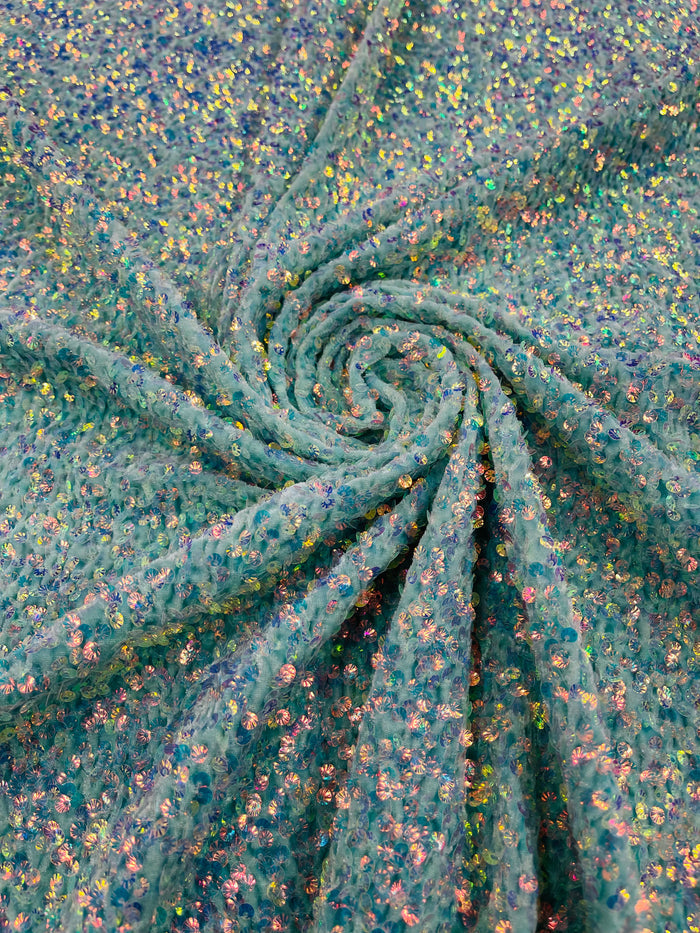 Clear Iridescent Sequin Fabric on Mint Stretch Velvet - by the yard | Sequins Velvet 2way Stretch