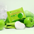 INGA Apple Heart Lip & Eye Remover Pad 47g 30p surrounded by green apples and ice, showcasing the product's packaging and pad design.