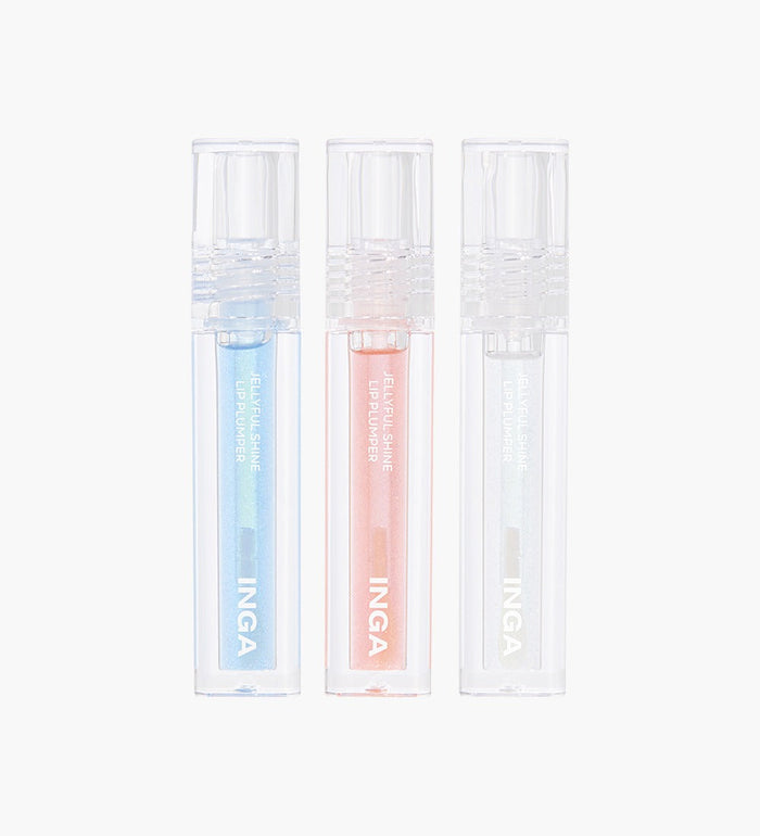 Three tubes of INGA Jellyful Shine Lip Plumper in assorted colors displayed vertically on a white background.