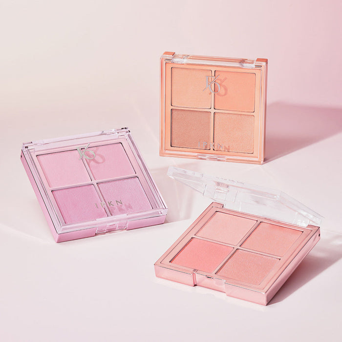 IPKN Flap One Cheek Palette showcasing different shades in sleek packaging on a pink background.