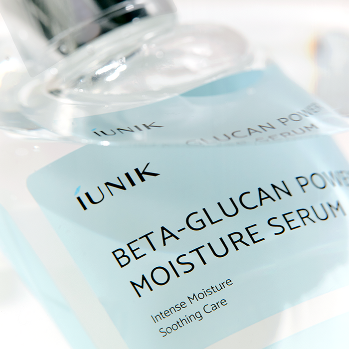 IUNIK Beta Glucan Power Moisture Serum 50ml bottle close-up showing label details.