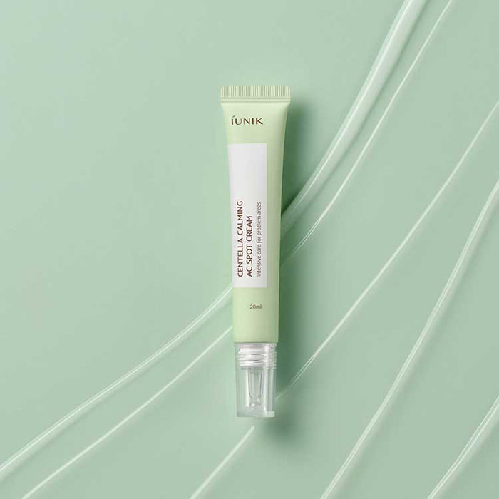 iUNIK Centella Calming AC Spot Cream 20ml in green tube, soothing skincare product for acne-prone skin.