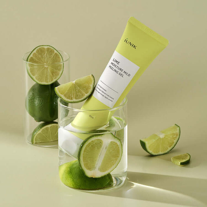 iUNIK Lime Moisture Mild Peeling Gel 90ml tube with sliced lime in a glass container, promoting skincare with natural ingredients