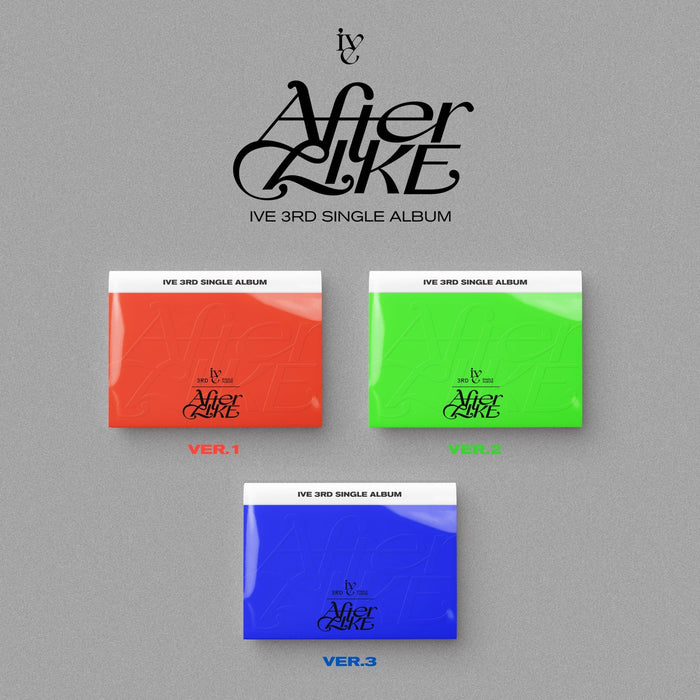 Cover of IVE 3rd Single Album After Like (Random Ver.) showing three colorful versions of the album packaging.