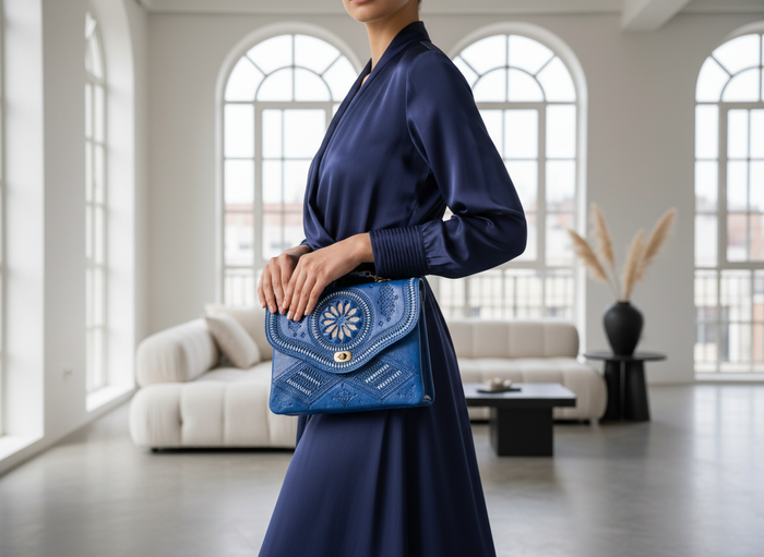 Jeblia Blue Leather Clutch with Model