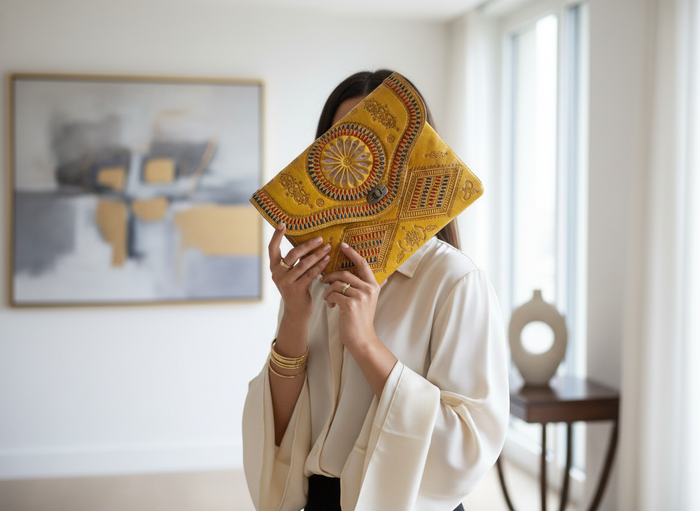 Jeblia Yellow Leather Clutch with Model