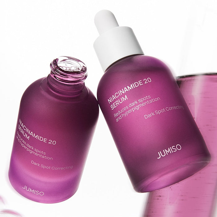 JUMISO Niacinamide 20 Serum 40ml for reducing dark spots and hyperpigmentation in purple glass bottles.