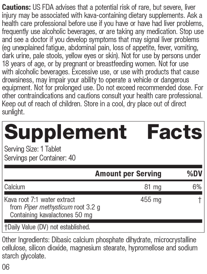 Kava Forte, 40 Tablets, Rev 05 Supplement Facts