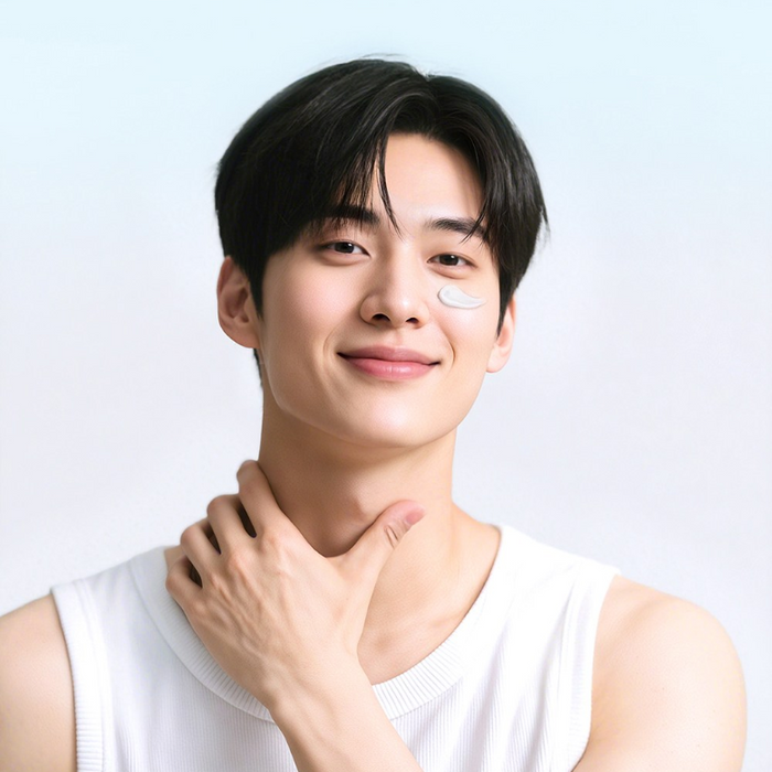 LACVERT Homme Recharge All-in-One Lotion 150ml - Gentleman Korea model applying men’s lotion to cheek, hydrating skincare for men