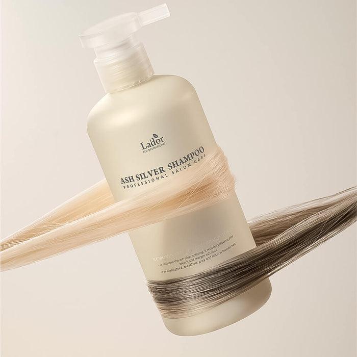 LADOR ASH Silver Shampoo 300ml bottle with blonde and silver hair strands