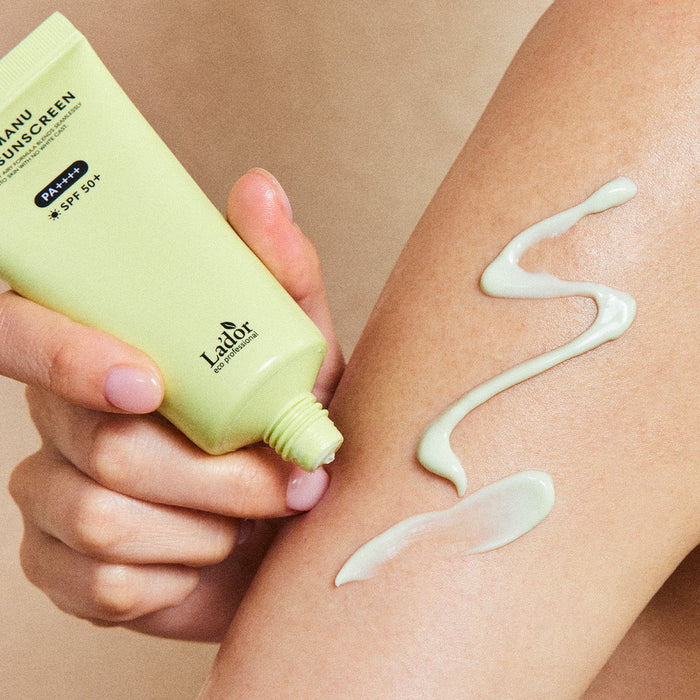 LADOR Tamanu Airy Sunscreen 50ml being applied on skin for effective sun protection.