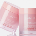 LANEIGE Bouncy & Firm Sleeping Mask 60ml shown in pink jar with product details displaying moisturizing benefits.