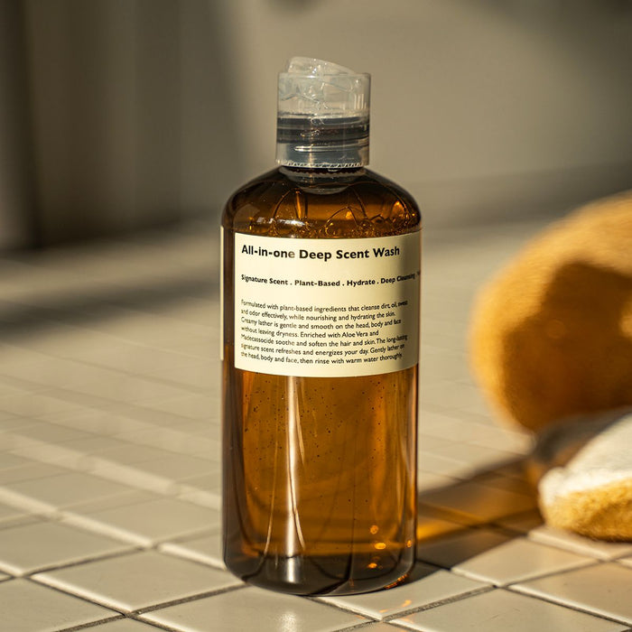 LAZY SOCIETY All-in-One Deep Scent Wash 300ml bottle on tiled surface for Gentleman Korea, Korean men's skincare gentle cleansing
