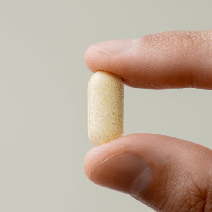 LAZY SOCIETY Multivitamin & Mineral Vitamin B 1000 single tablet held between fingers by Gentleman Korea for men’s supplement