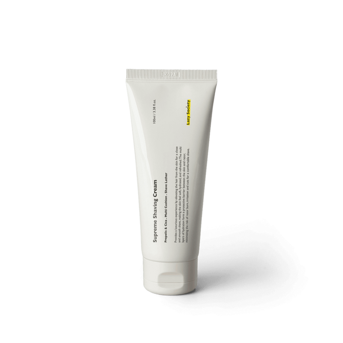 LAZY SOCIETY Superme Shaving Cream 100ml tube on white background, Gentleman Korea premium men’s shaving cream for a smooth shave