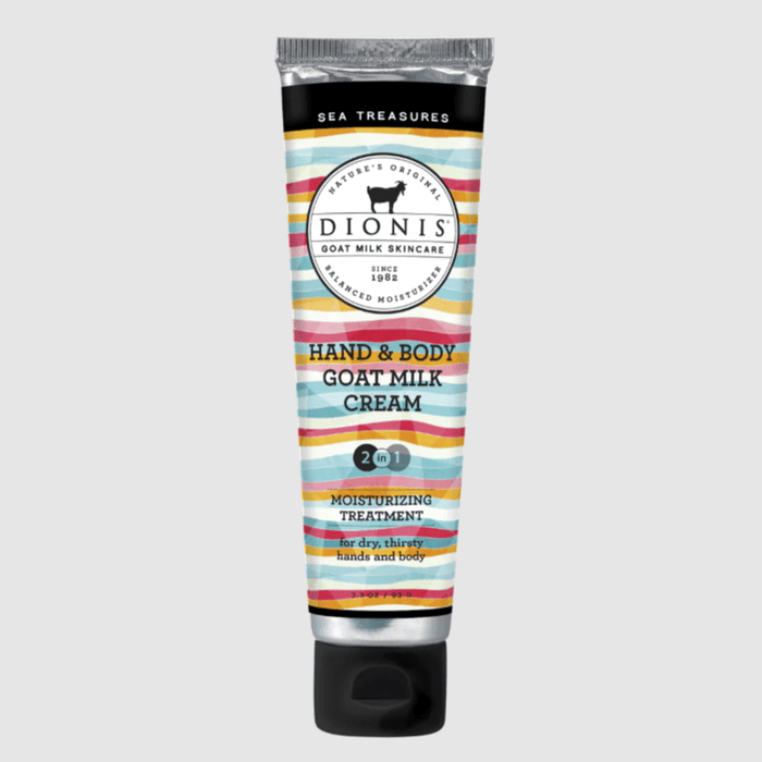 Tube of Dionis goat milk cream with colorful packaging on a white background