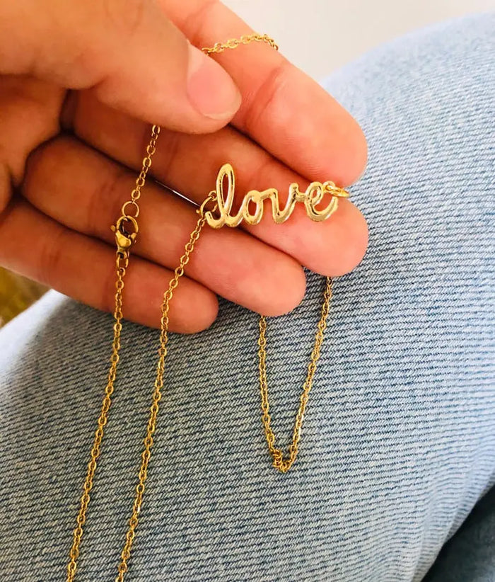Gold love necklace detail view - BELARIC
