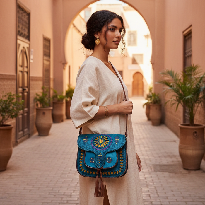 LSSAN Handbag Turquoise Embroidered on model
