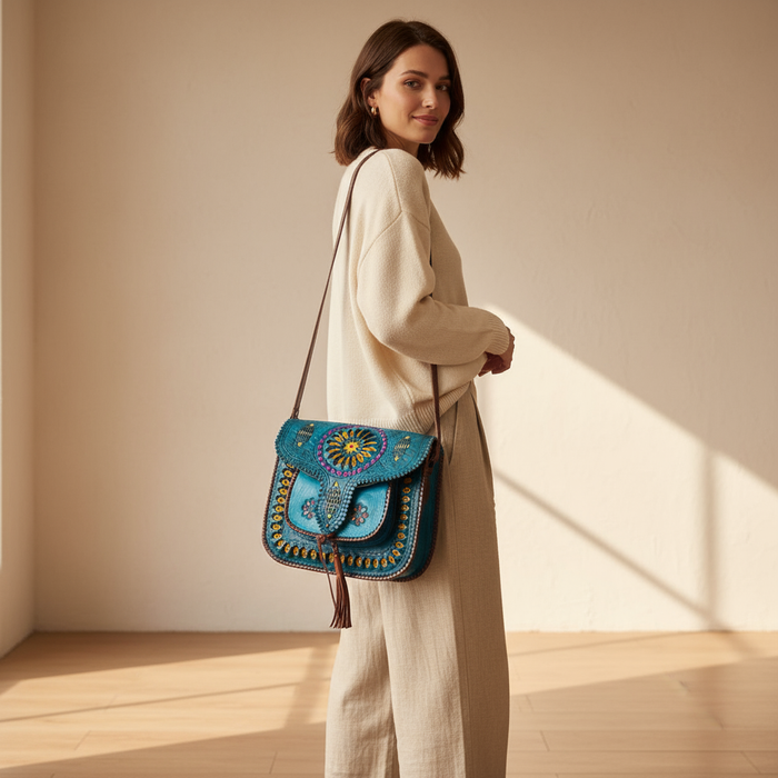 LSSAN Handbag Turquoise Embroidered on model - variation