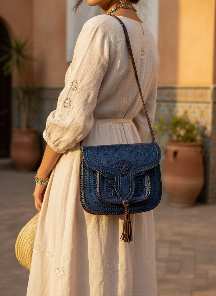 LSSAN Leather Handbag - Dark Blue - Heart with Faceless Model