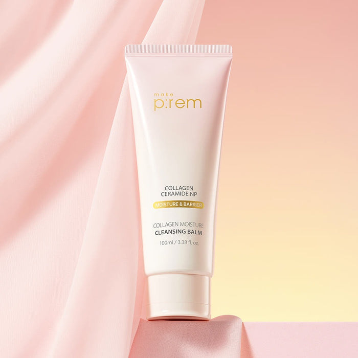 Image of MAKE P:REM Collagen Moisture Cleansing Balm 100ml on a pink background.