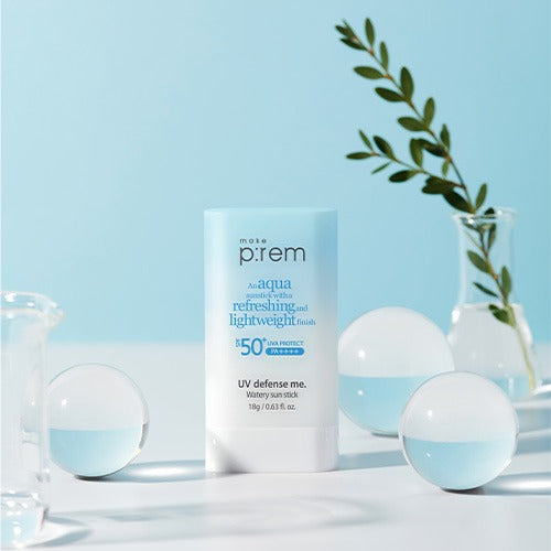 MAKE P:REM UV Defense Me Watery Sun Stick 18g SPF50+ PA++++ product image with a refreshing aqua theme and decor.