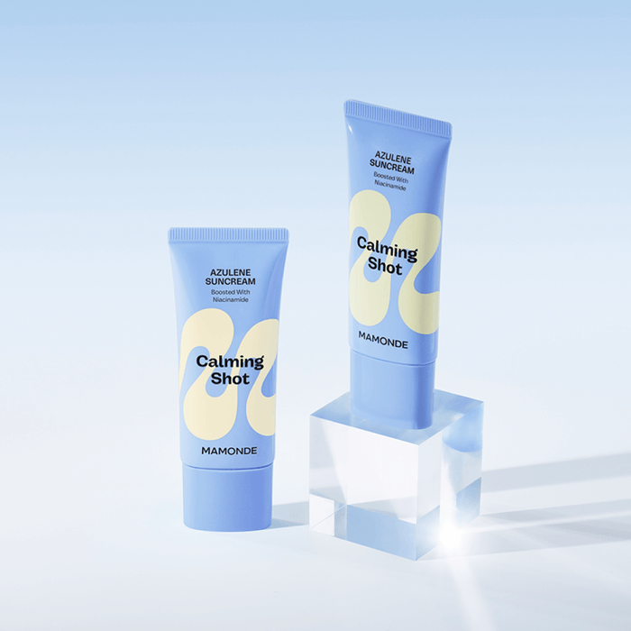 MAMONDE Calming Shot Azulene Sun Cream SPF50+PA++++ 35ml tubes displayed on a blue background