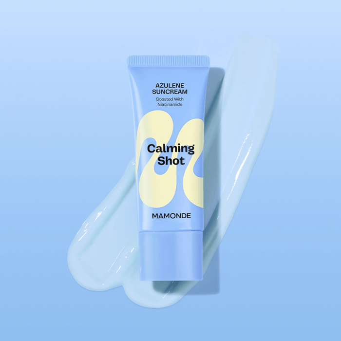 MAMONDE Calming Shot Azulene Sun Cream SPF50+PA++++ 35ml in blue packaging on soft background