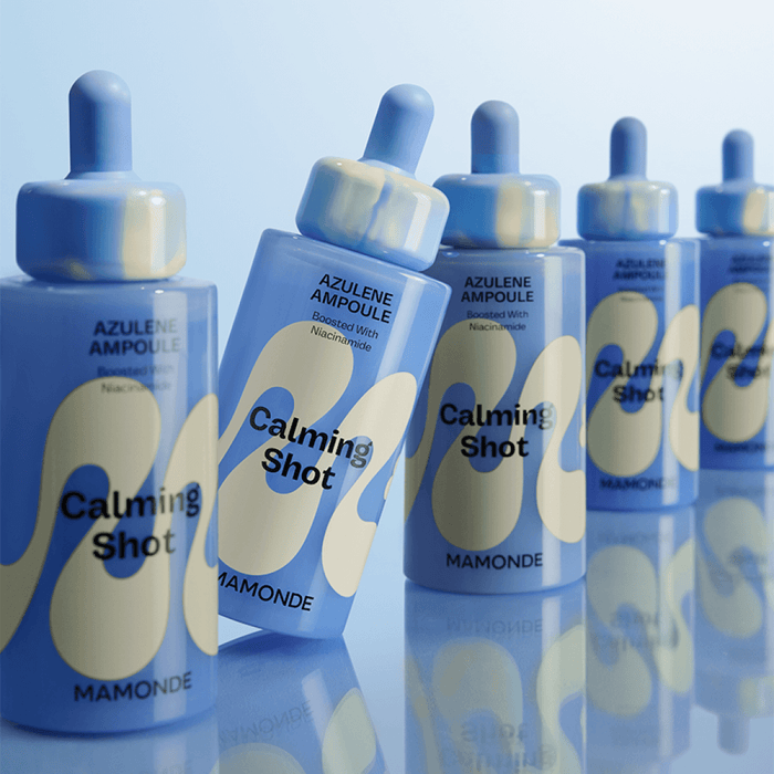 MAMONDE Calming Shot Azulene Trace Moisture Ampoule 50ml bottles displayed in a row against a light blue background