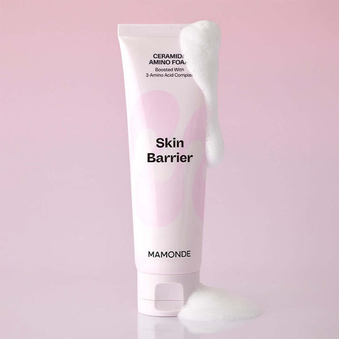 MAMONDE Ceramide Amino Foam 120g for enhanced skin barrier protection with 3-amino acid complex, pink tube packaging.