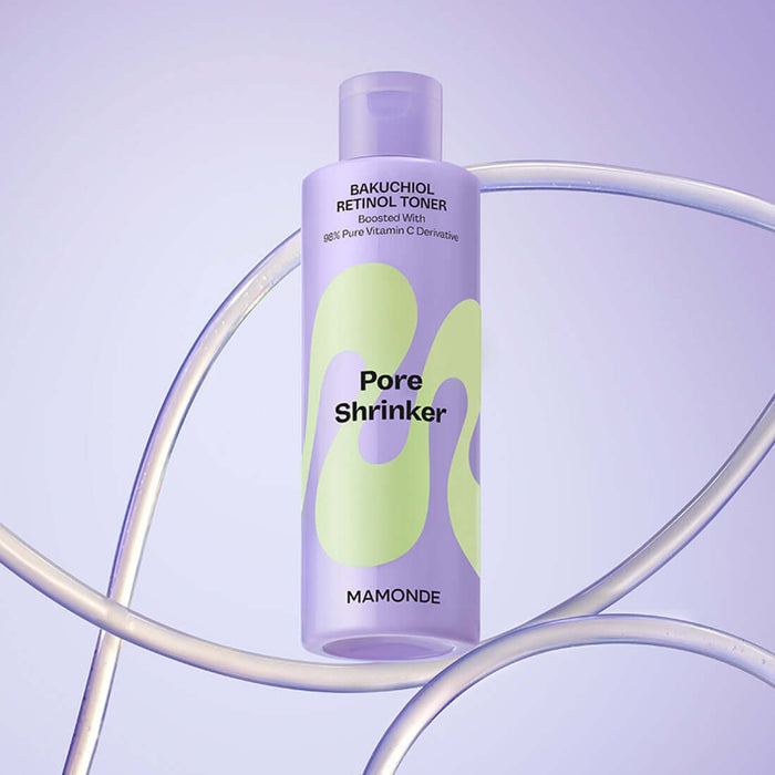 MAMONDE Pore Shrinker Bakuchiol Retinol Toner 200ml bottle on a purple background