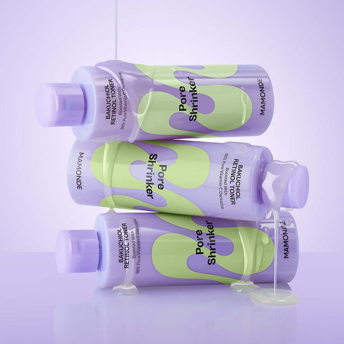 MAMONDE Pore Shrinker Bakuchiol Retinol Toner 200ml bottles showcasing skincare product for reducing pores.