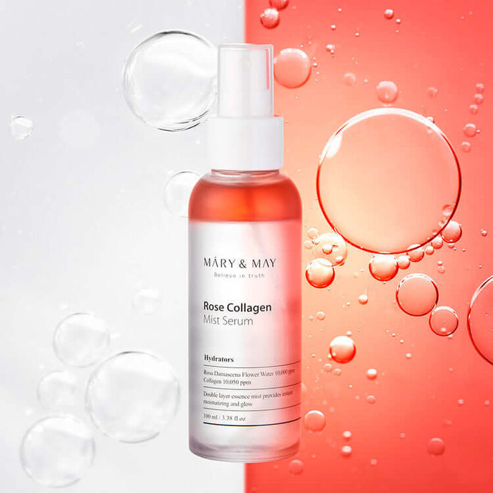 MARY & MAY Marienmay Rose Collagen Mist Serum bottle with hydrating formula and rose extracts on a red and white background