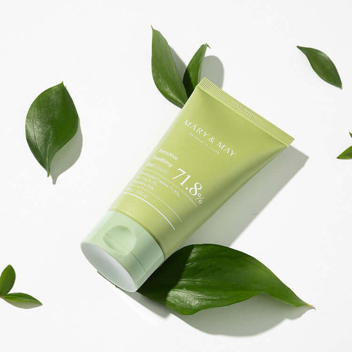 MARY & MAY Sensitive Soothing Gel Cream with green leaves on a white background