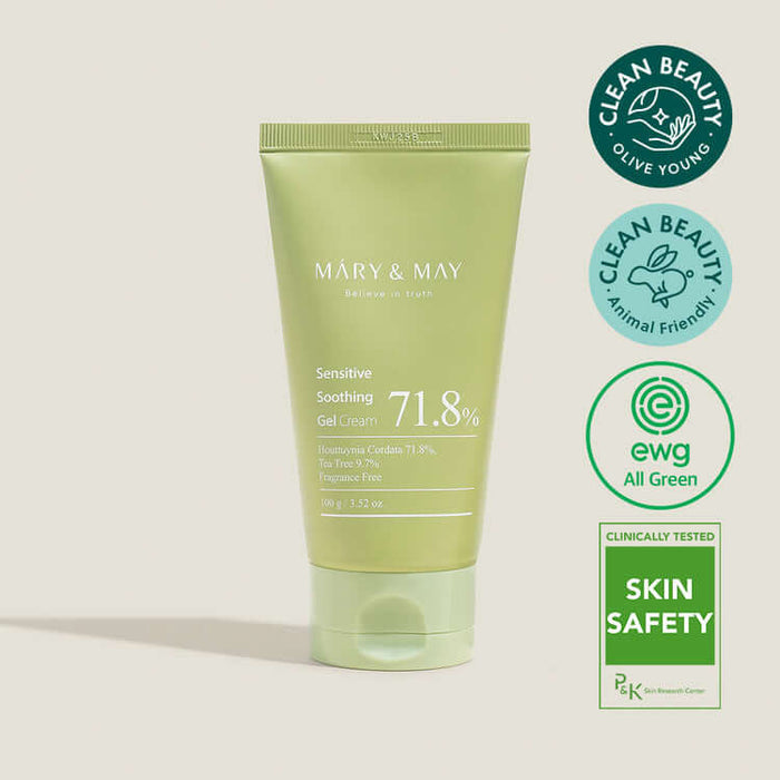 MARY & MAY Sensitive Soothing Gel Cream 71.8% on display with clean beauty and skin safety certifications.
