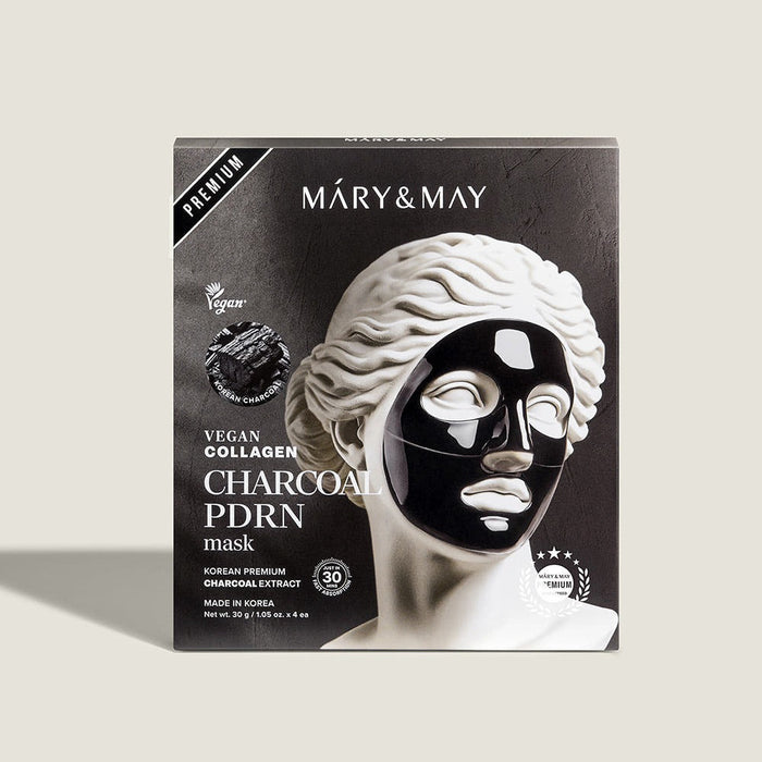 Box of MARY&MAY Vegan Collagen Charcoal PDRN Gel Mask (4 Sheets), featuring a sculpted face with a black mask on the packaging.