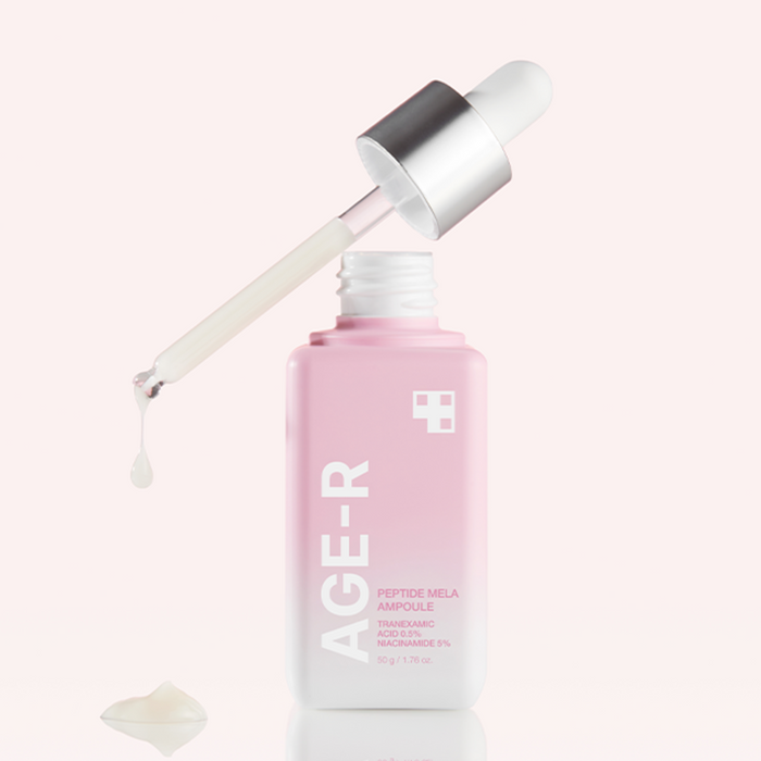 MEDICUBE AGE-R Peptide Mela Ampoule 50g with dropper, showcasing skincare serum texture