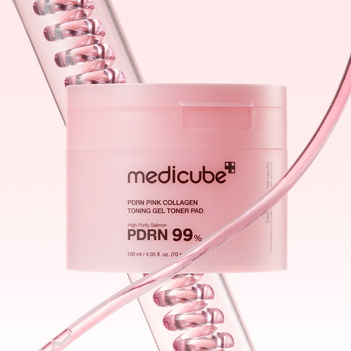 MEDICUBE PDRN Pink Collagen Toning Gel Toner Pad 70pads in pink packaging on artistic background